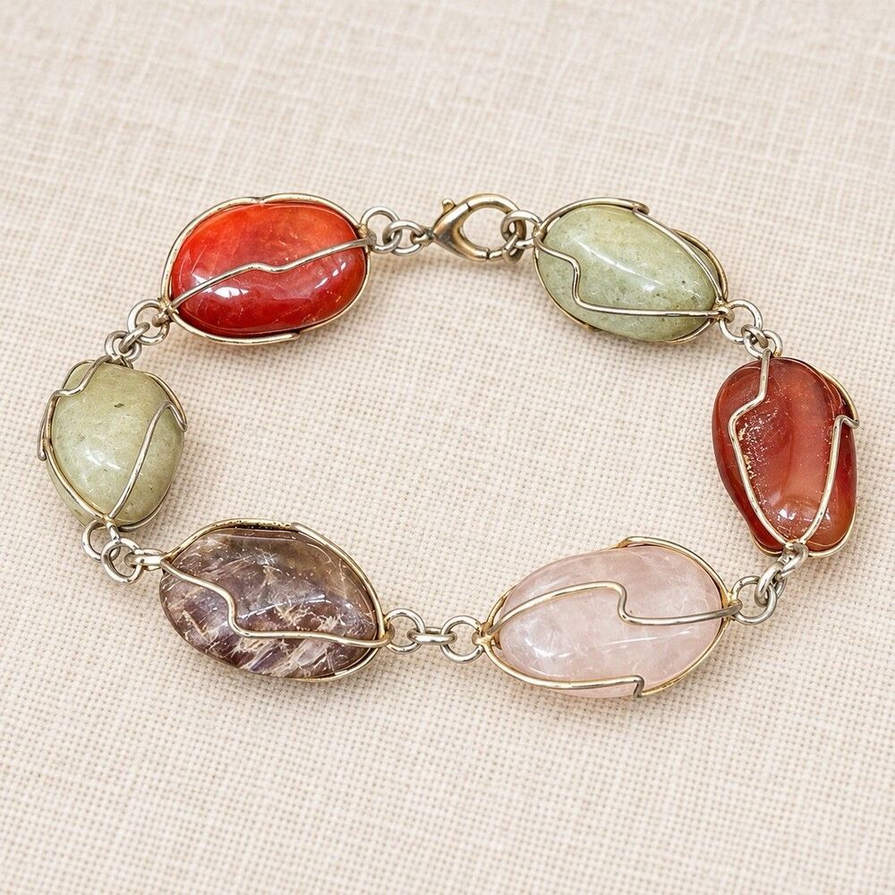 Multicolor Stone Bracelet Wire Wrapped Red Green Pink Brown Boho Artisan 7.5”